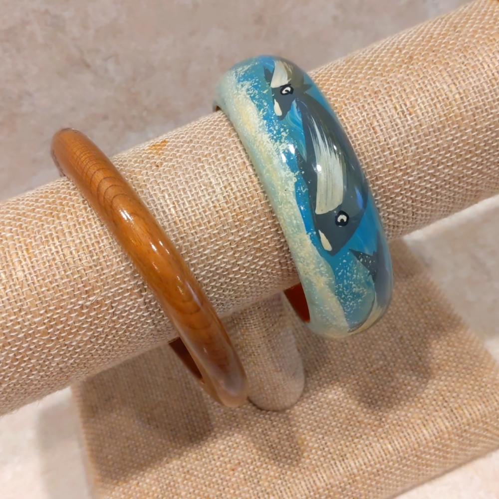 3 for $30 Lot of Two Wooden Bangle Bracelets Plain Hand Painted Dolphins Water